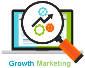 What is growth marketing image of computer, magnifying glass and growth marketing charts