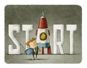 Grey-ish cloud background with the START in white using a rocket as the letter A representing growth